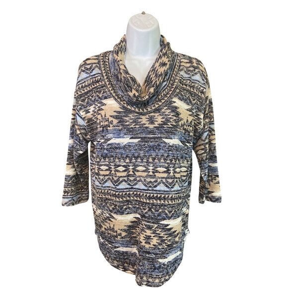New Directions Tunic Top Small Aztec Print Cowl Neck Boho Southwestern Cozy - Picture 2 of 8